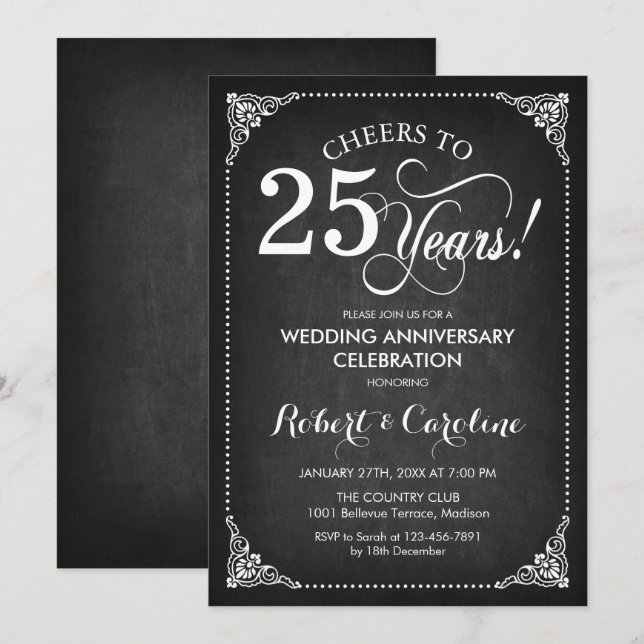 25th Wedding Anniversary - Chalkboard White Invitation (Front/Back)