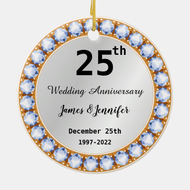 25th Wedding Anniversary diamond Custom Names Ceramic Tree Decoration (Back)