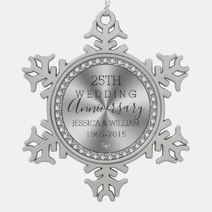 25th wedding anniversary diamonds & silver snowflake pewter christmas ornament