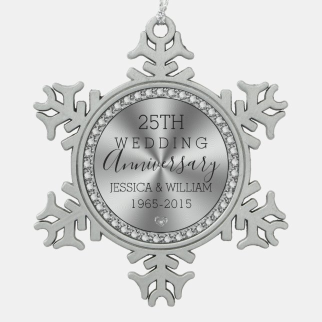 25th wedding anniversary diamonds & silver snowflake pewter christmas ornament (Front)