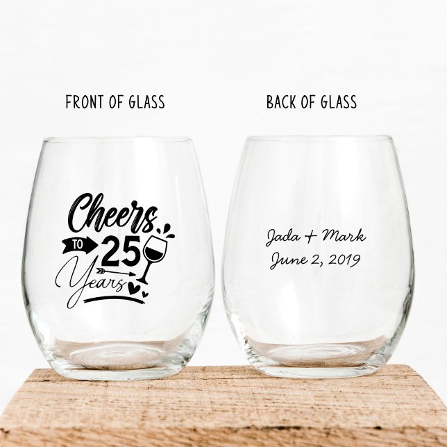 25th Wedding Anniversary Elegant Celebration Stemless Wine Glass (stemless wine glass for a 25th wedding anniversary that says cheers to 25 years, customized)