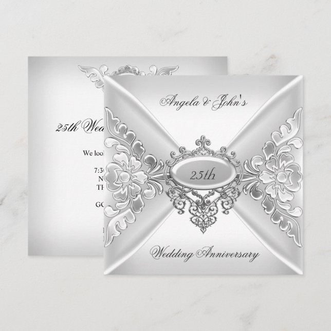25th Wedding Anniversary Elegant Silver White Invitation (Front/Back)