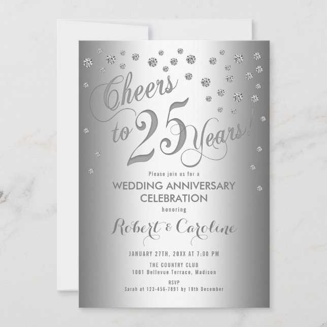 25th Wedding Anniversary - Elegant Silver White Invitation (Front)