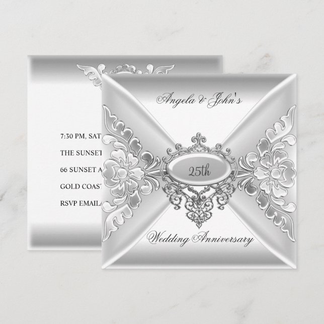 25th Wedding Anniversary Elegant Silver White Invitation (Front/Back)