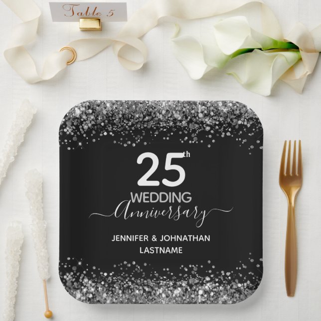 25th Wedding Anniversary Faux Glitter Paper Plate (Wedding)