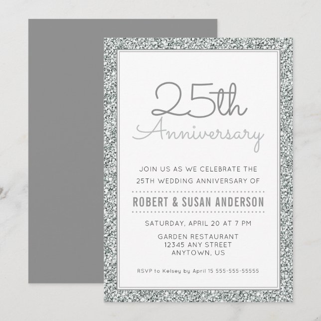 25th Wedding Anniversary Faux Silver Glitter Invitation (Front/Back)