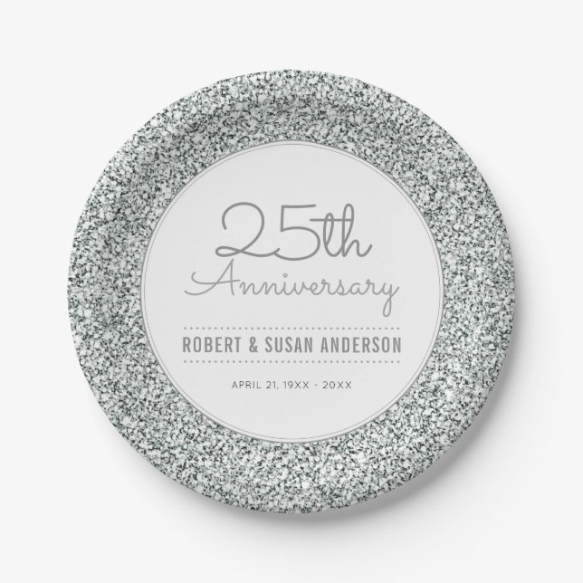 25th Wedding Anniversary Faux Silver Glitter Paper Plate (Front)