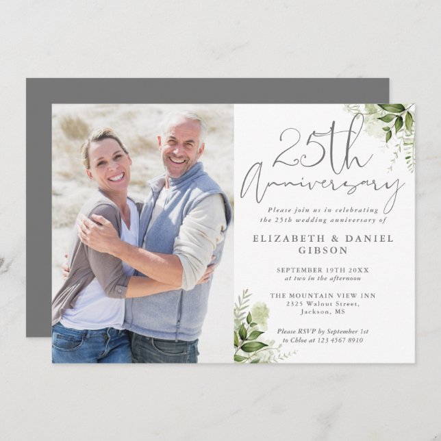 25th Wedding Anniversary Floral Silver Photo Invitation (Front/Back)