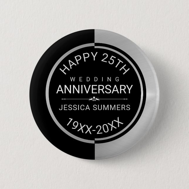 25th Wedding Anniversary Geometric Black & Silver 6 Cm Round Badge (Front)