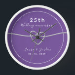 25th Wedding Anniversary Gift for Couple Clock<br><div class="desc">Celebrate 25 years of love with this simple,  modern,  and elegant personalised wall clock. Featuring a chic purple design,  this stunning anniversary gift is customised with your names,  special date,  and a charming silver rope heart symbolising your timeless love. A perfect keepsake to commemorate a quarter-century of beautiful memories.</div>