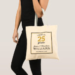25th Wedding Anniversary Gold Cheers to 25 Years  Tote Bag<br><div class="desc">Celebrate the 25th wedding anniversary with this Cheers to 25 Years wedding anniversary party commemorative tote bag. This modern design features a black and gold border with easy to read text that reads "CHEERS TO 25 years." Customize this item with your first and last names and the date of your...</div>