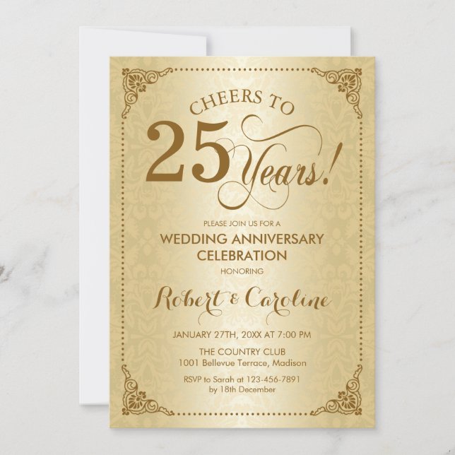 25th Wedding Anniversary - Gold Damask Invitation (Front)