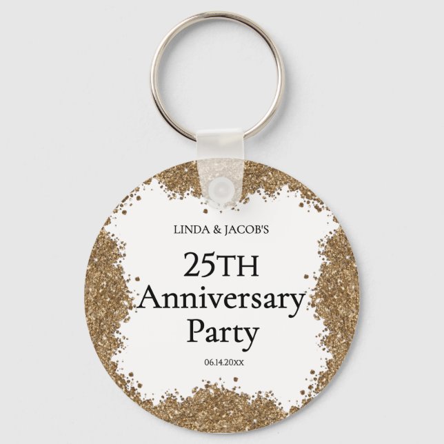 25th Wedding Anniversary Gold Faux Glitter  Key Ring (Front)