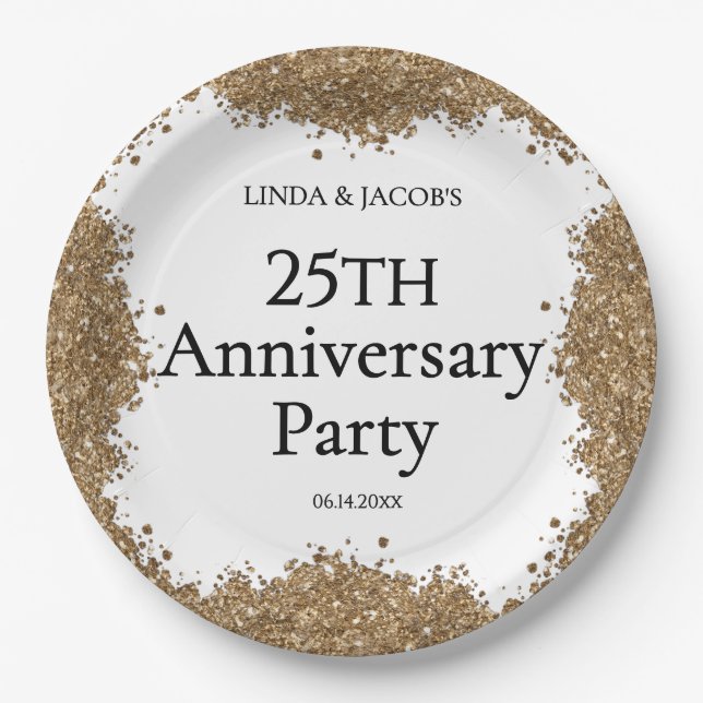 25th Wedding Anniversary Gold Faux Glitter  Paper Plate (Front)