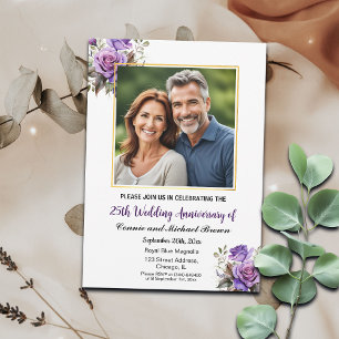 25th Wedding Anniversary Gold Frame Purple Roses Invitation
