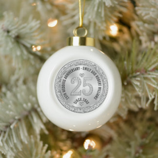 25th Wedding Anniversary Gold White Diamonds Ceramic Ball Christmas Ornament