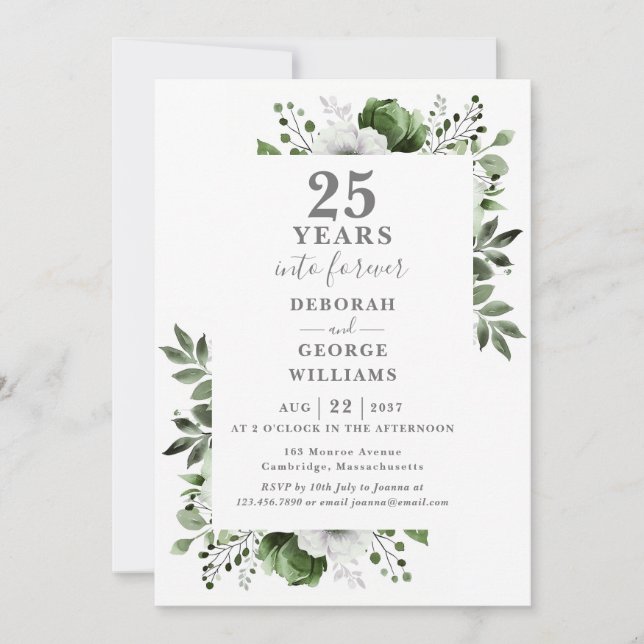 25th Wedding Anniversary Greenery Floral Monogram Invitation (Front)