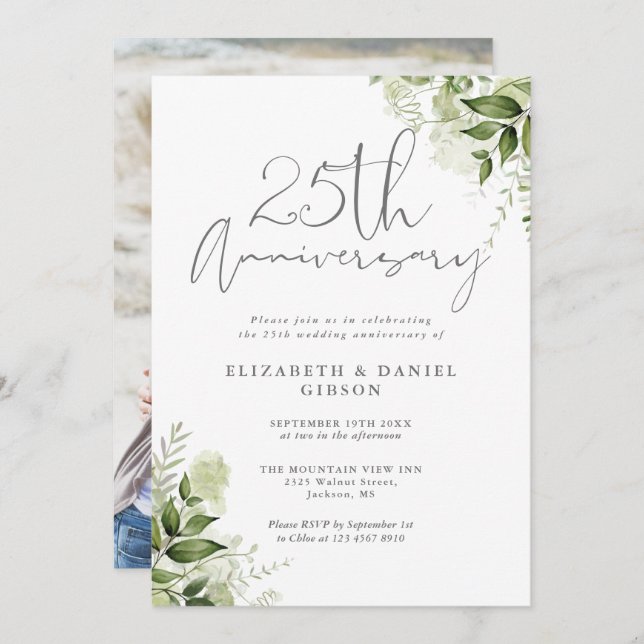 25th Wedding Anniversary Greenery Floral Photo Invitation (Front/Back)