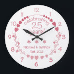 25th Wedding Anniversary Hearts Large Clock<br><div class="desc">Celebrate a milestone wedding anniversary with this gorgeous and elegant wall clock with a design featuring a wreath with red and pink hearts.</div>