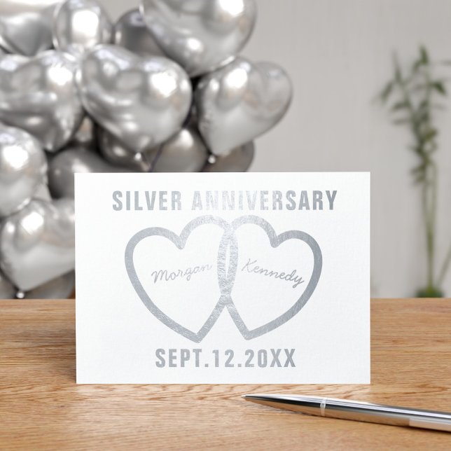 25th Wedding Anniversary Hearts Silver Foil Card (25th Wedding Anniversary Card with two entwined silver hearts waiting for your to add their names)