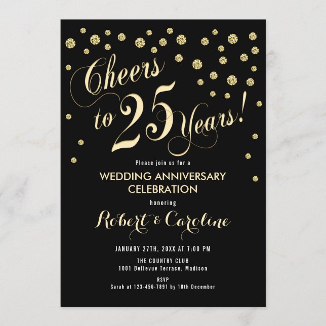 25th Wedding Anniversary Invitation - Black & Gold (Front)