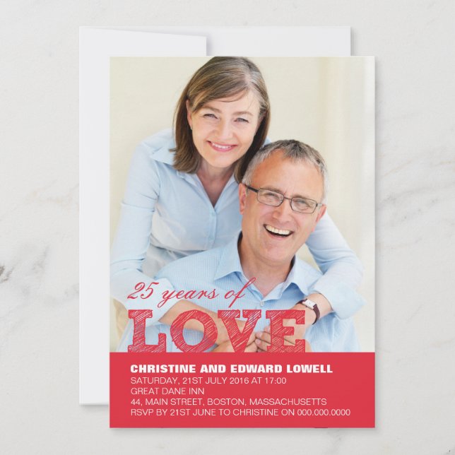25th Wedding Anniversary Invitation in Red (Front)