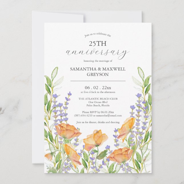 25th Wedding Anniversary Invitations Floral (Front)