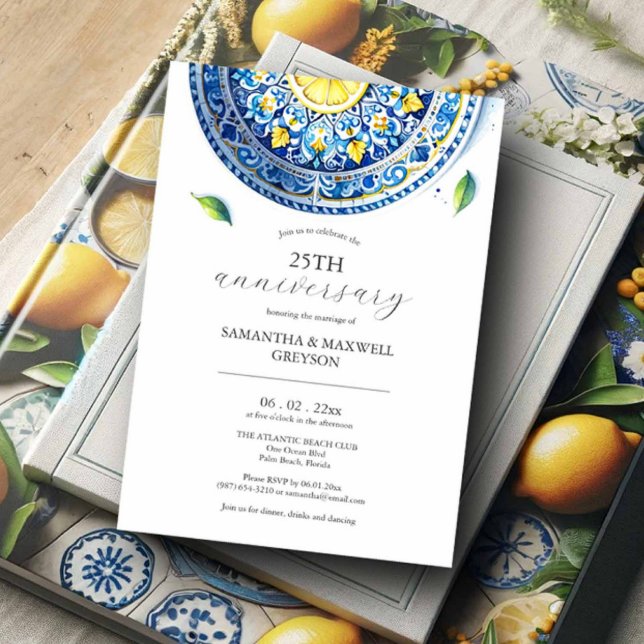 25th Wedding Anniversary Invitations Lemons (25th wedding anniversary invitations blue and yellow lemon theme with plate Victoria Grigaliunas )