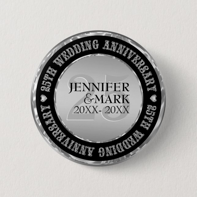 25th Wedding Anniversary Metallic Silver And Black 6 Cm Round Badge (Front)