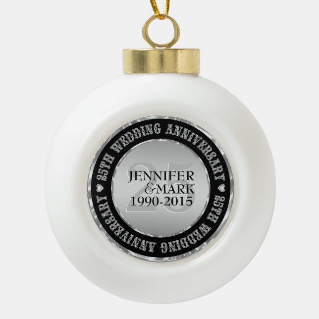25Th Wedding Anniversary Metallic Silver & Black 2 Ceramic Ball Christmas Ornament (Front)