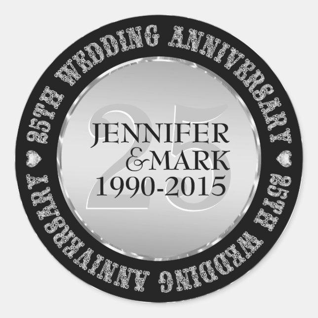 25Th Wedding Anniversary Metallic Silver & Black 2 Classic Round Sticker (Front)