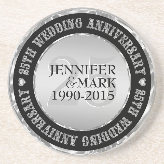 25Th Wedding Anniversary Metallic Silver & Black 2 Coaster (Front)