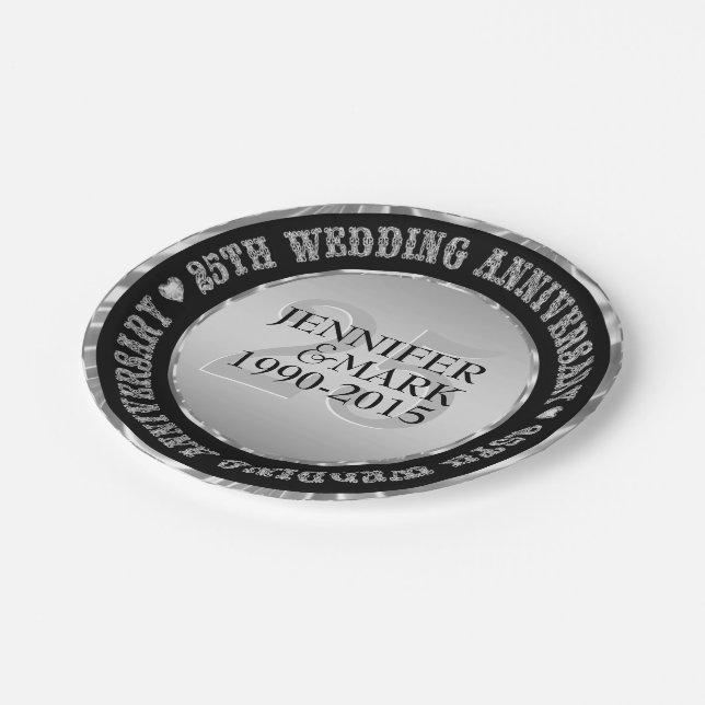 25Th Wedding Anniversary Metallic Silver & Black 2 Paper Plate (Angled)