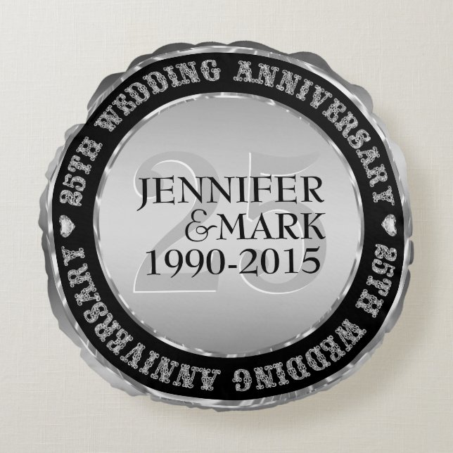 25Th Wedding Anniversary Metallic Silver & Black 2 Round Cushion (Front)