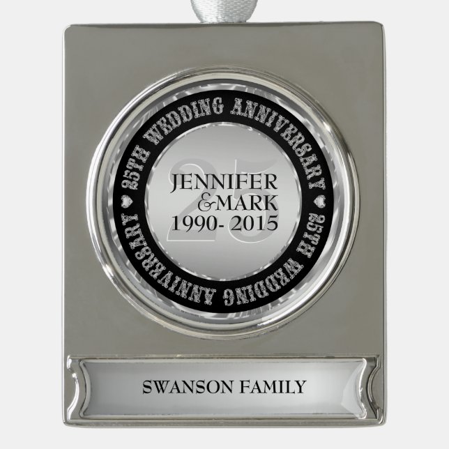 25Th Wedding Anniversary Metallic Silver & Black 2 Silver Plated Banner Ornament (Front)