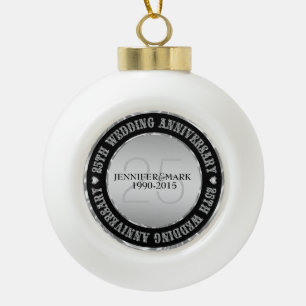 25Th Wedding Anniversary  Metallic Silver & Black Ceramic Ball Christmas Ornament