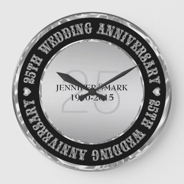 25Th Wedding Anniversary  Metallic Silver & Black Large Clock (Front)