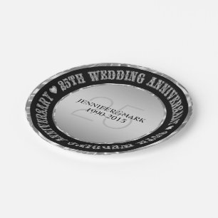 25Th Wedding Anniversary  Metallic Silver & Black Paper Plate