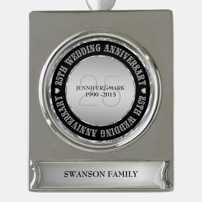 25Th Wedding Anniversary  Metallic Silver & Black Silver Plated Banner Ornament (Front)
