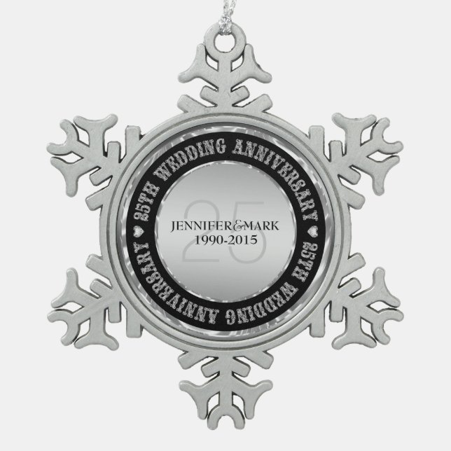 25Th Wedding Anniversary  Metallic Silver & Black Snowflake Pewter Christmas Ornament (Front)