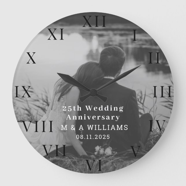 25th Wedding Anniversary Modern Photo Fiftieth  Large Clock (Front)