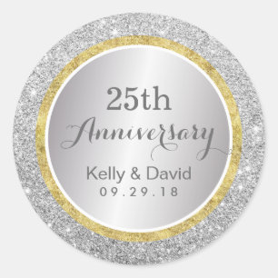 25th Wedding Anniversary Modern Silver Glitter Classic Round Sticker