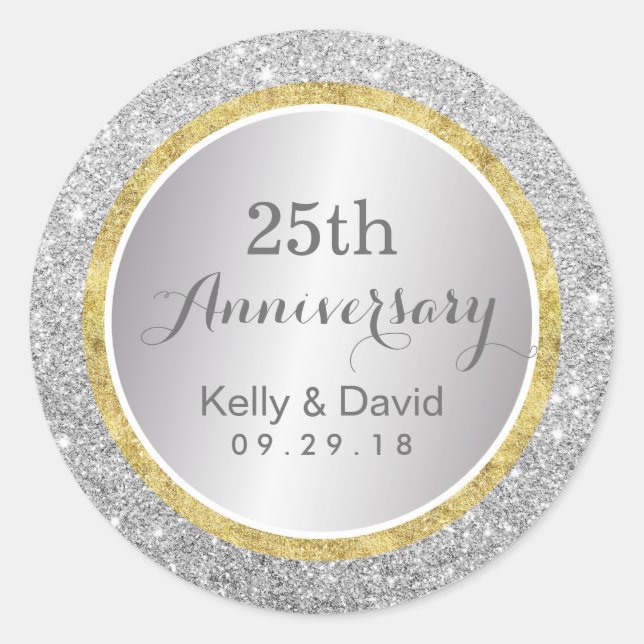 25th Wedding Anniversary Modern Silver Glitter Classic Round Sticker (Front)