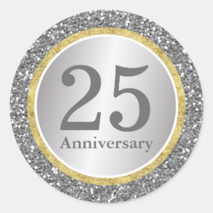 25th Wedding Anniversary Modern Silver & Gold Classic Round Sticker