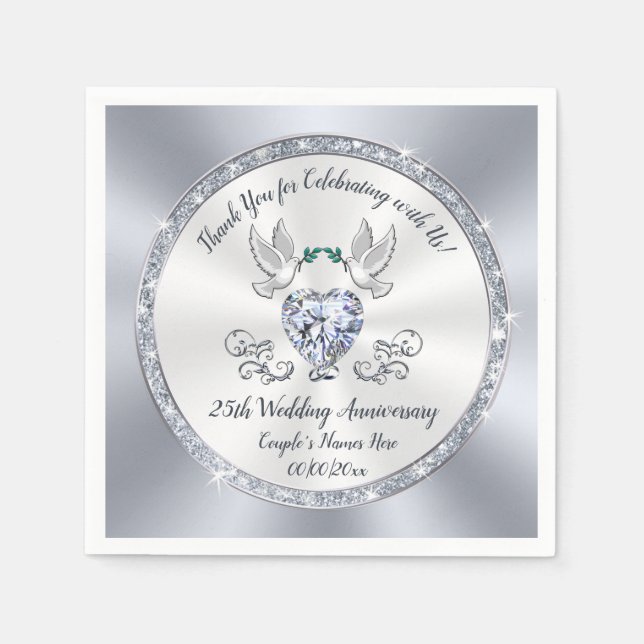 25th Wedding Anniversary Napkins, Silver Napkin (Front)