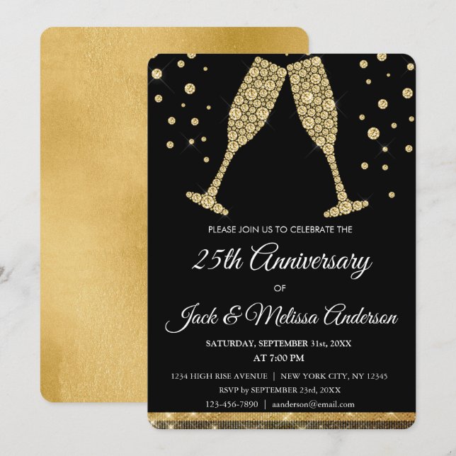 25th Wedding Anniversary Party Champagne Glasses Invitation (Front/Back)