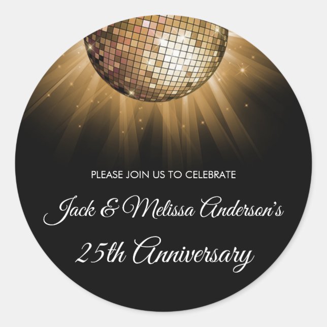25th Wedding Anniversary Party Gold Disco Ball Classic Round Sticker (Front)