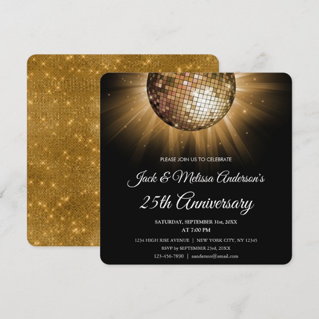 25th Wedding Anniversary Party Gold Disco Ball Invitation (Front/Back)