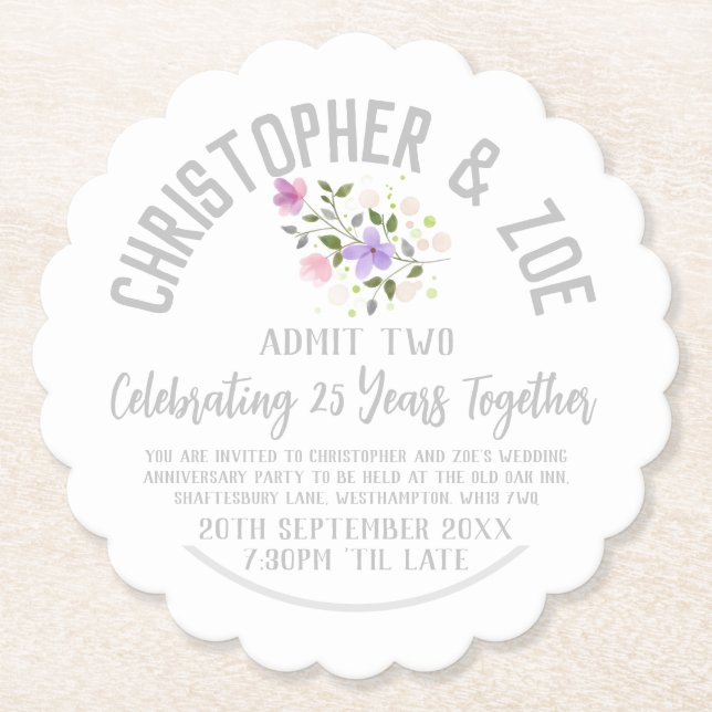 25th Wedding Anniversary Party Invitation Paper Coaster (Front)