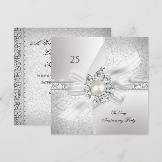 25th Wedding Anniversary Party Pearl White Silver Invitation (Front/Back)